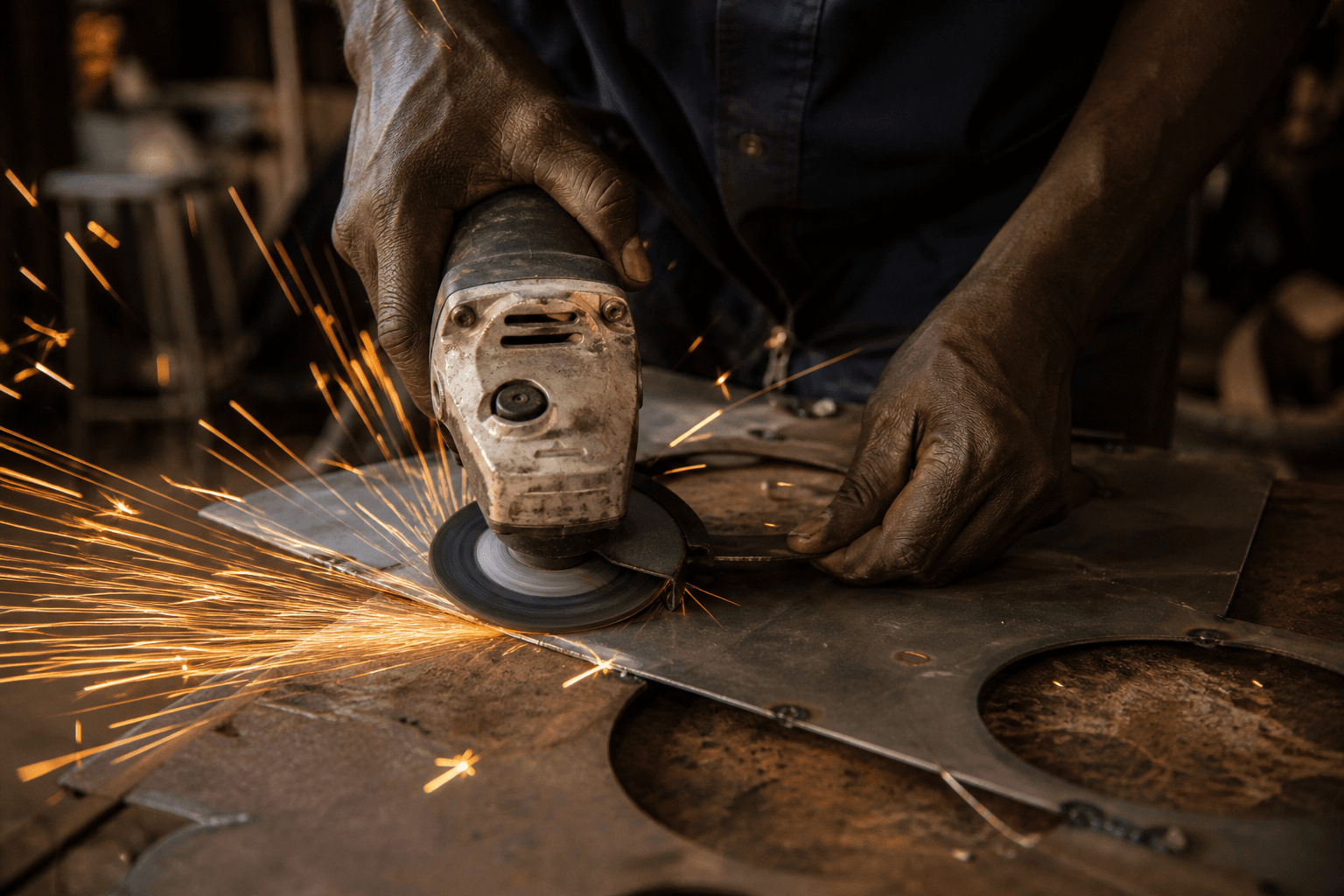 Hands of a Kenyan fabricator grinding sheet metal for a cookstove, sparks flying