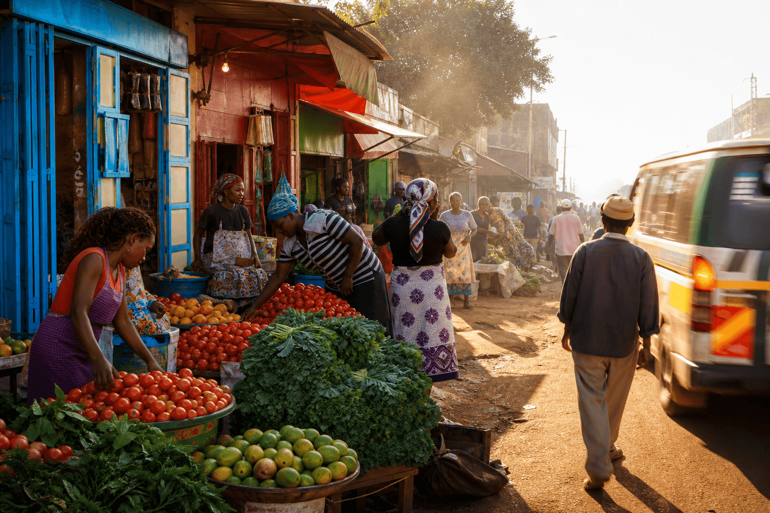 A vibrant Kenyan county market street with painted duka storefronts and produce stalls