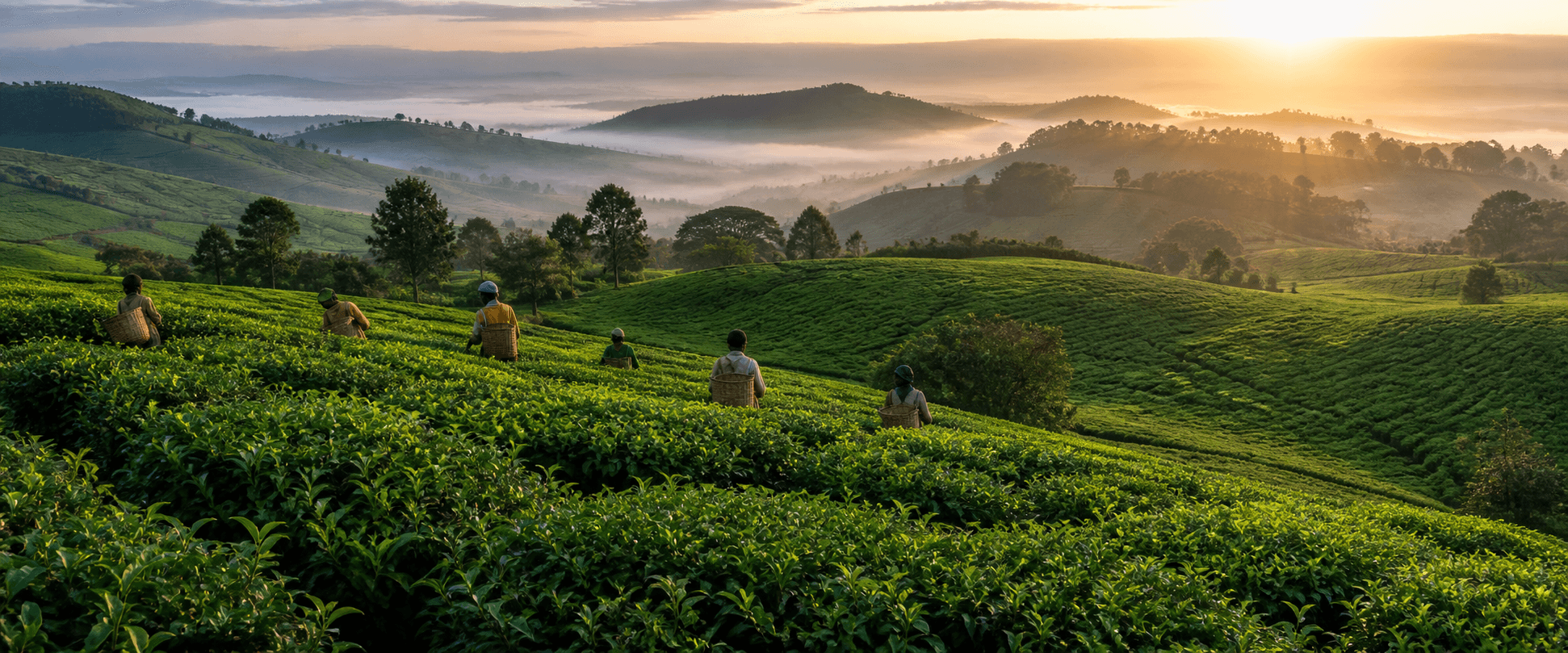 Kericho tea fields at dawn with mist in the valleys