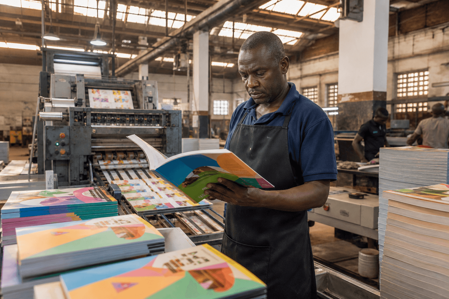 School books coming off a printing press in Nairobi