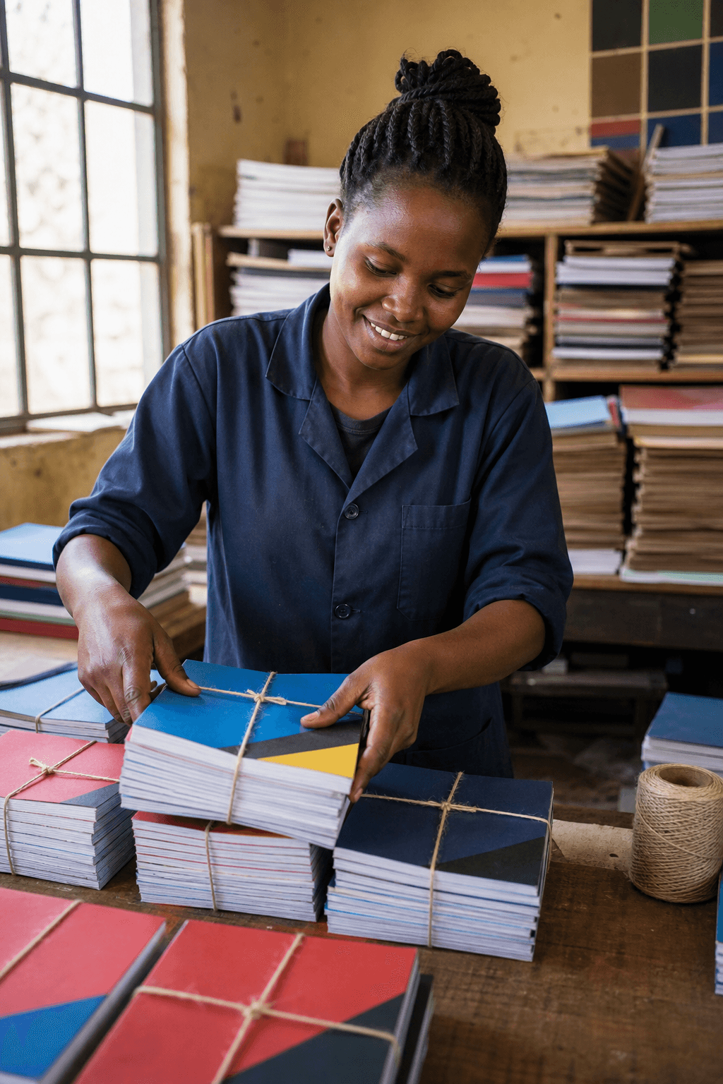 A Kenyan bookbinder stacking finished school books in a Nairobi workshop