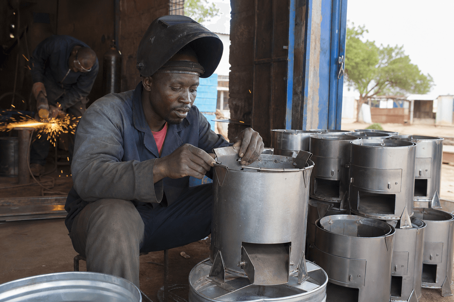 A fabricator welding efficient cookstoves in a jua kali workshop, Kitui County