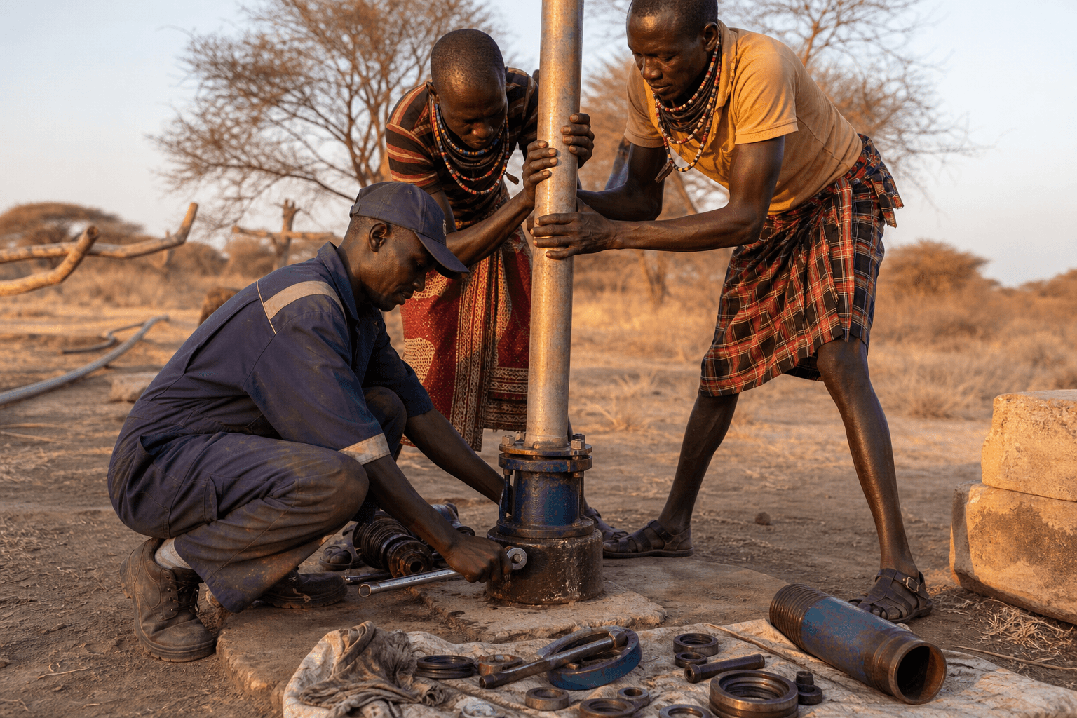 A Kenyan water technician in work overalls testing a community borehole pump, Turkana County